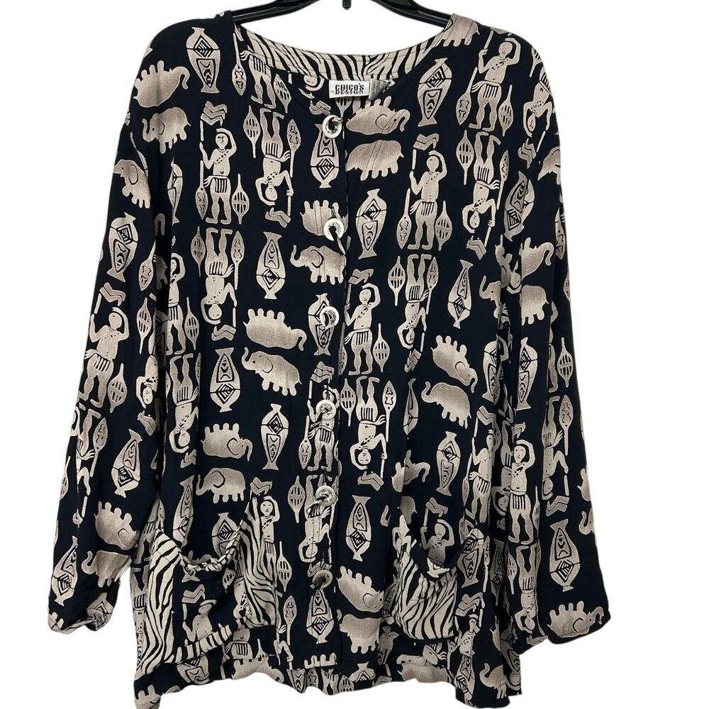 Vintage Chico’s Design Folk Art Boho Tunic Blouse Size XL Global Elephant Print